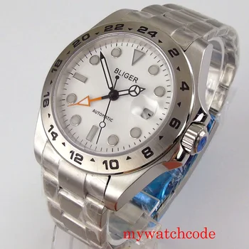 43 мм Автоматические мужские часы BLIGER Белый циферблат Сапфировое стекло Функция автоматической даты GMT Корпус из нержавеющей стали
