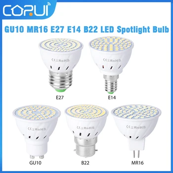 CoRui GU10 MR16 E27 E14 B22 Лампа-Прожектор 48 60 80 светодиодов Lampara 220 В GU10 Bombillas Led MR16 gu5.3 Лампада Точечная Лампа