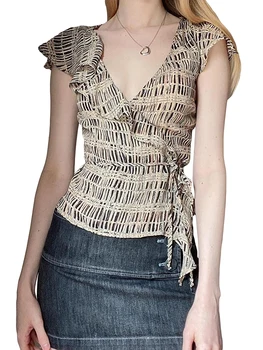 Louatui/ Женские Летние облегающие топы с коротким рукавом и глубоким V-образным вырезом, Бандажная футболка с принтом и рюшами