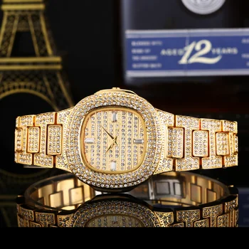 Luxo Золотые женские часы, Элегантные Стильные женские мини-кварцевые часы со льдом, Очаровательные вечерние украшения, муассанит, наручные часы