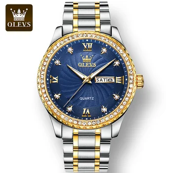 OLEVS, Мужские наручные часы с кварцевым ремешком из нержавеющей стали, Водонепроницаемые, деловые, золотые, инкрустированные бриллиантами, Роскошные часы для мужчин, светящиеся