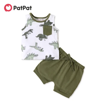 PatPat Комплект из 2 предметов для Маленьких Мальчиков, топ без рукавов с принтом динозавра и однотонные шорты