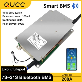 Qucc Smart BMS Релейный Контактор 7S 8S 10S 12S 13S 14S 15S 16S 17S 20S 200A Li Ion Lifepo4 BMS 24V 36V 48V 60V 72V Приложение Bluetooth