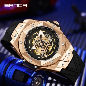 SANDA Модные часы из розового золота с крутым циферблатом, автоматические механические часы, настоящие мужские часы, светящиеся 50-метровые водонепроницаемые модные часы 7014