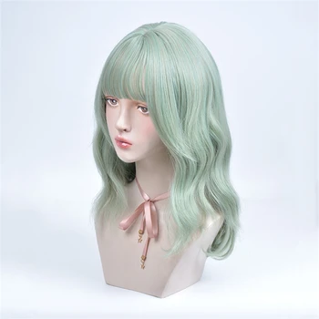 VICWIG Средней длины, Волнистые зеленые Парики для косплея из синтетических волос, женские С челкой, термостойкий парик