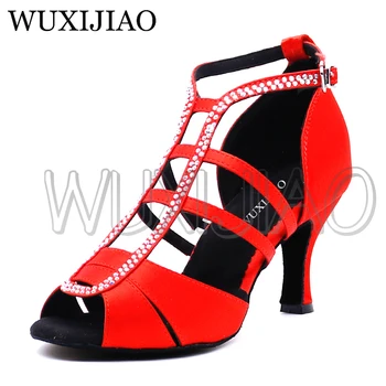 WUXIJIAO/ Новые белые Атласные Туфли для Латинских Танцев, Женская обувь для Сальсы, со стразами, для Танцев, Женская Обувь Для бальных танцев, каблук 5 см-10 см
