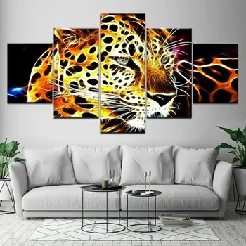 Абстрактный плакат с изображением лица животного леопарда, 5 панелей, печать на холсте, Настенное искусство, картина на холсте, Декор стен для гостиной Без рамки