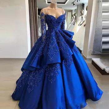 Бальное платье с длинным рукавом Королевского синего цвета для выпускного вечера со съемной юбкой Роскошное расшитое бисером Шикарное Длинное вечернее платье для особых случаев