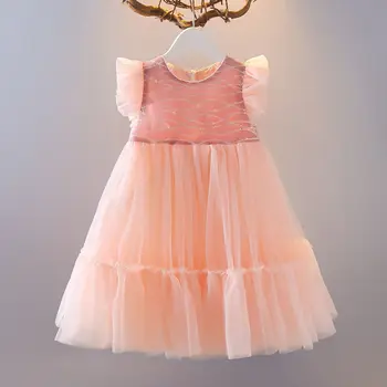 Вечерние платья для девочек Розового цвета с круглым вырезом и блестками, без рукавов, с большим бантом сзади, кружевное детское вечернее платье Принцессы на одной пуговице