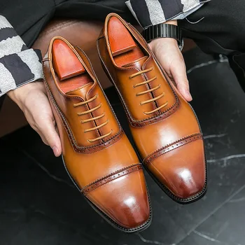 Европейские Мужские кожаные туфли-Оксфорды, Официальное деловое платье с острым носком, мужские свадебные туфли на плоской подошве с перфорацией типа 