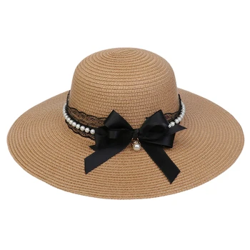 Женская пляжная соломенная шляпа с жемчугом и кружевным бантом; Женская солнцезащитная шляпа; упаковываемые пляжные аксессуары для отдыха