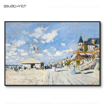 Искусный художник Вручную нарисовал красивый пейзаж на пляже Трувиль, Картина маслом на холсте, воспроизводит картину маслом на пляже Облако Моне