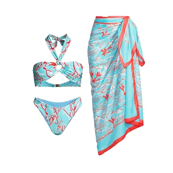 Комплект бикини с принтом океана и накидка 2023, Женский модный Сексуальный купальный костюм из двух частей