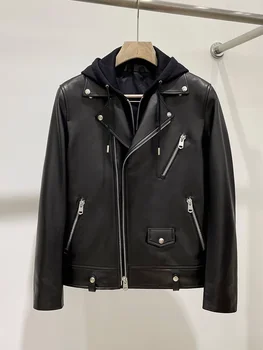 Куртка из натуральной кожи, мужская уличная посадка, съемный капюшон, мотоциклетная кожаная куртка, короткая