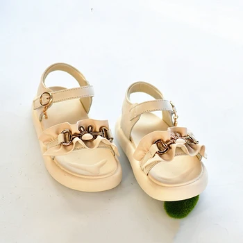 Летние повседневные римские сандалии для девочек из натуральной кожи с мягкой эластичной поролоновой подошвой, металлический кролик, быстросохнущая детская пляжная обувь