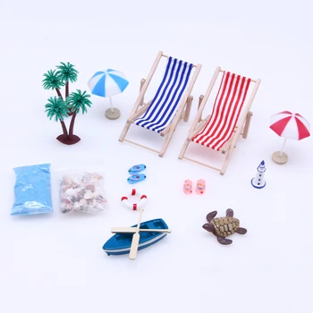 Миниатюрные предметы для кукольного домика, Пляжный костюм, Микро Пейзаж, Летняя Ракушка, Зонтик От Солнца, Деревянный Пляжный стул