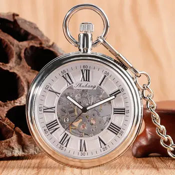 Новые Серебряные автоматические механические карманные часы с автоподзаводом Карманные часы Простые классические с открытым циферблатом Подвеска на цепочке с римским номером