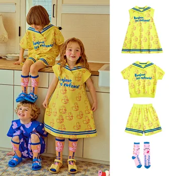 Платье для девочек 2023, Новое летнее корейское детское Платье для мальчиков, Желтые футболки с принтом для девочек, Шорты, Костюм Vestidos, детская одежда