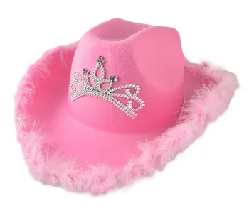 Розовые Ковбойские кепки в западном стиле, Ковбойская шляпа с короной для женщин, Диадема с перьями и блестками для девочек, Ковбойские шляпы для вечеринок, костюмы, Фетровая шляпа