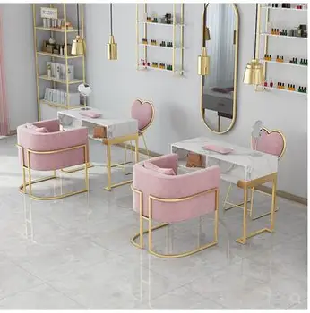 Роскошный мраморный маникюрный стол и набор стульев в скандинавском стиле, высококлассный чистый красный маникюрный стол, одинарный и двойной маникюрный стол