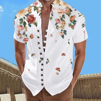 Рубашки с гавайским принтом, 3d кардиган, рубашка для путешествий, отпуска, Короткая цифровая мужская пляжная Праздничная одежда со стоячим воротником, Рукав для отдыха