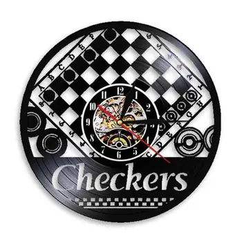 Силуэт игры в шашки Виниловая пластинка Настенные часы Значок Настенные Часы Винтажные декоративные настенные часы Часы для любителей шахмат
