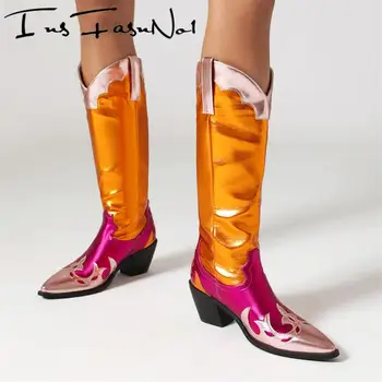 Смешанные цветные женские ботинки с острым носком на квадратном каблуке Без застежки до середины икры в стиле ретро вестерн, Новая модная Повседневная Лаконичная сексуальная женская обувь