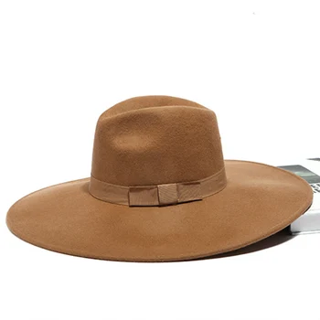 Теплая зимняя шляпа с широкими полями для женщин, шерстяная фетровая шляпа с бантом, Классическая Джазовая шляпа, Церковная вечеринка, Панама-Дерби